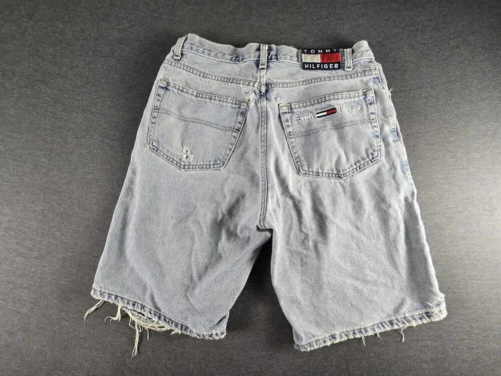 Vintage 90s Tommy Hilfiger Shorts Mens 33 Blue Denim Distressed Cutoff Jorts
